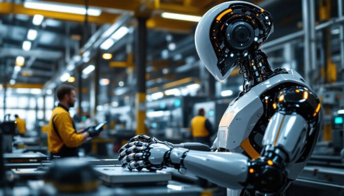 A photograph of a sleek industrial robot in action within a manufacturing environment