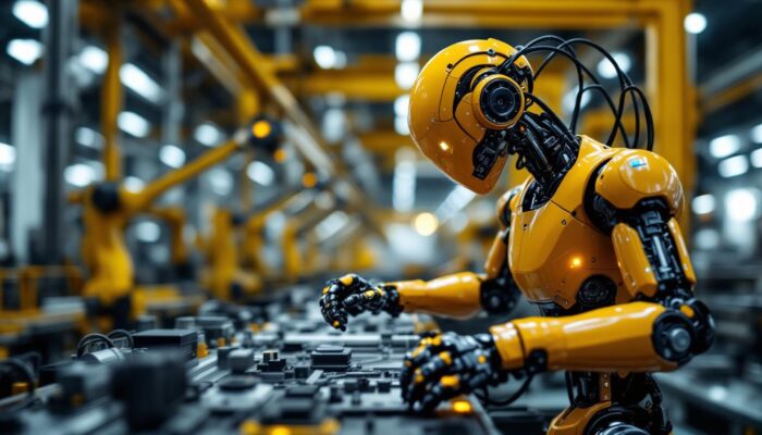 A photograph of a sleek industrial robot in action within a manufacturing environment