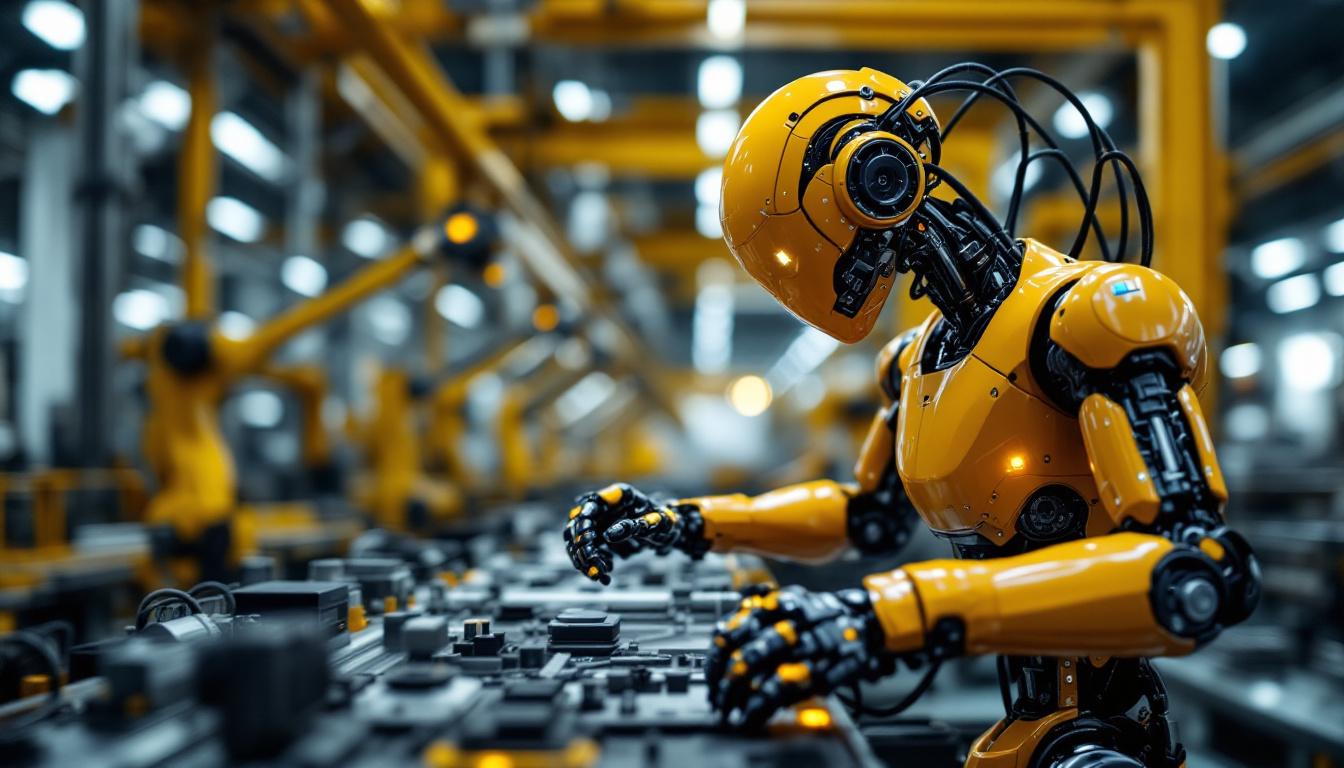 A photograph of a sleek industrial robot in action within a manufacturing environment