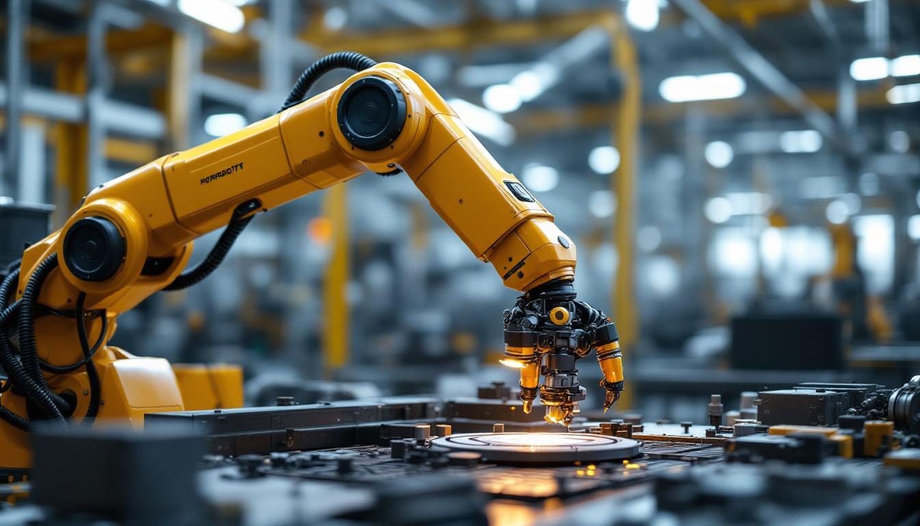 A photograph of a dynamic industrial robotics scene