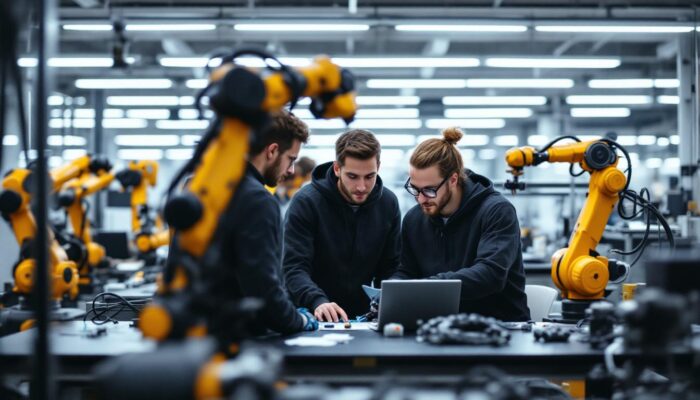 A photograph of a dynamic industrial robotics workspace at boston scientific