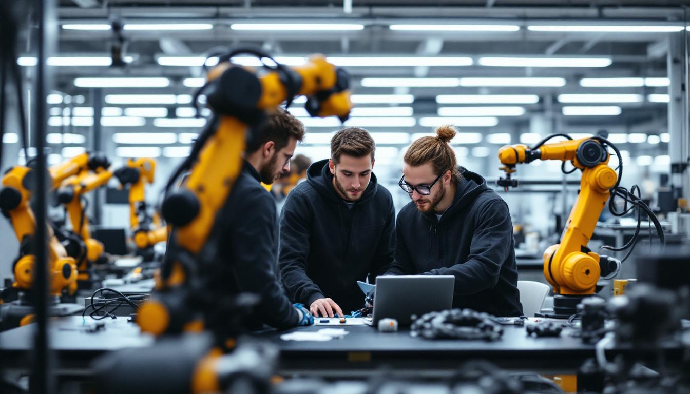 A photograph of a dynamic industrial robotics workspace at boston scientific