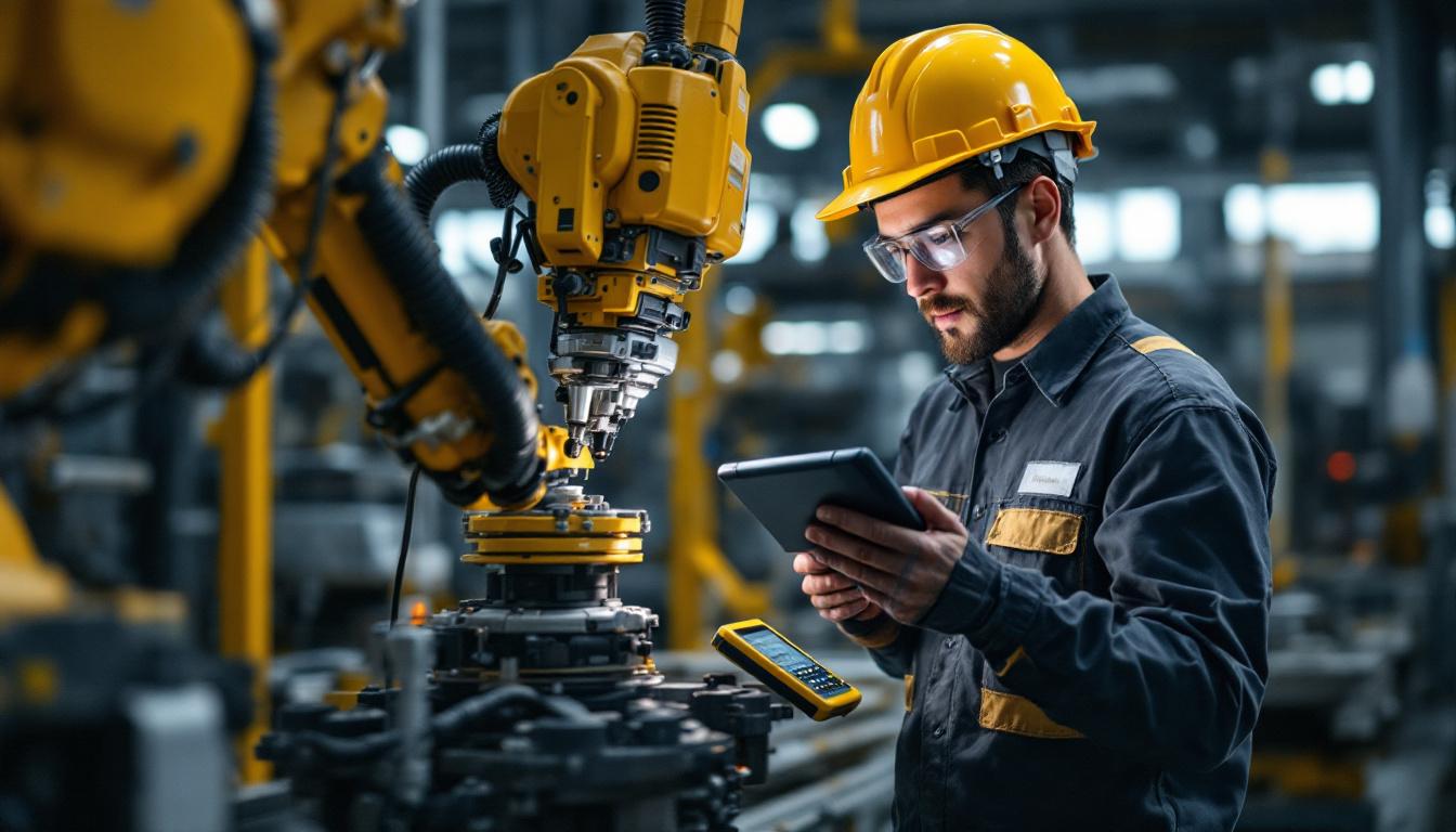 A photograph of a skilled technician using trimble gps accessories in an industrial setting