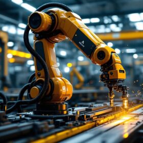 A photograph of a sleek industrial robotic arm in action