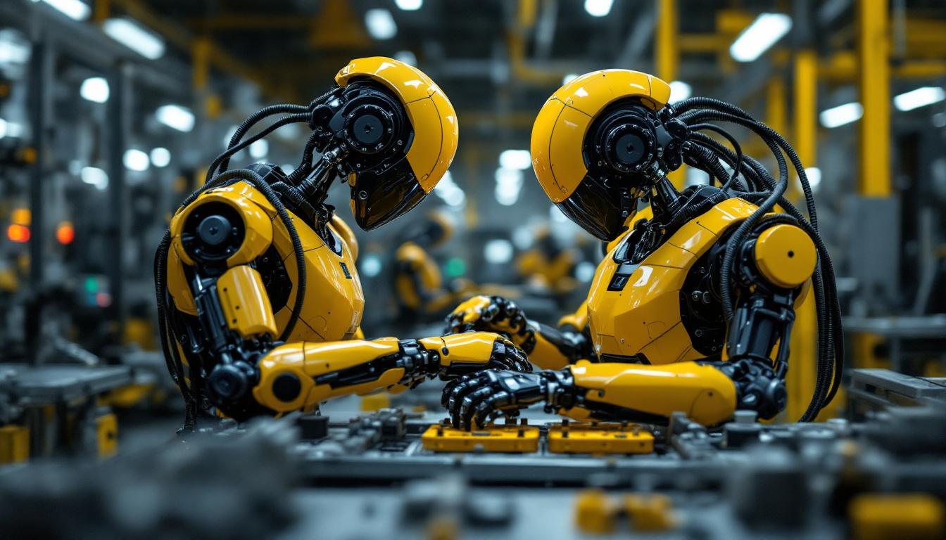A photograph of a sleek industrial robot in action within a dynamic manufacturing environment
