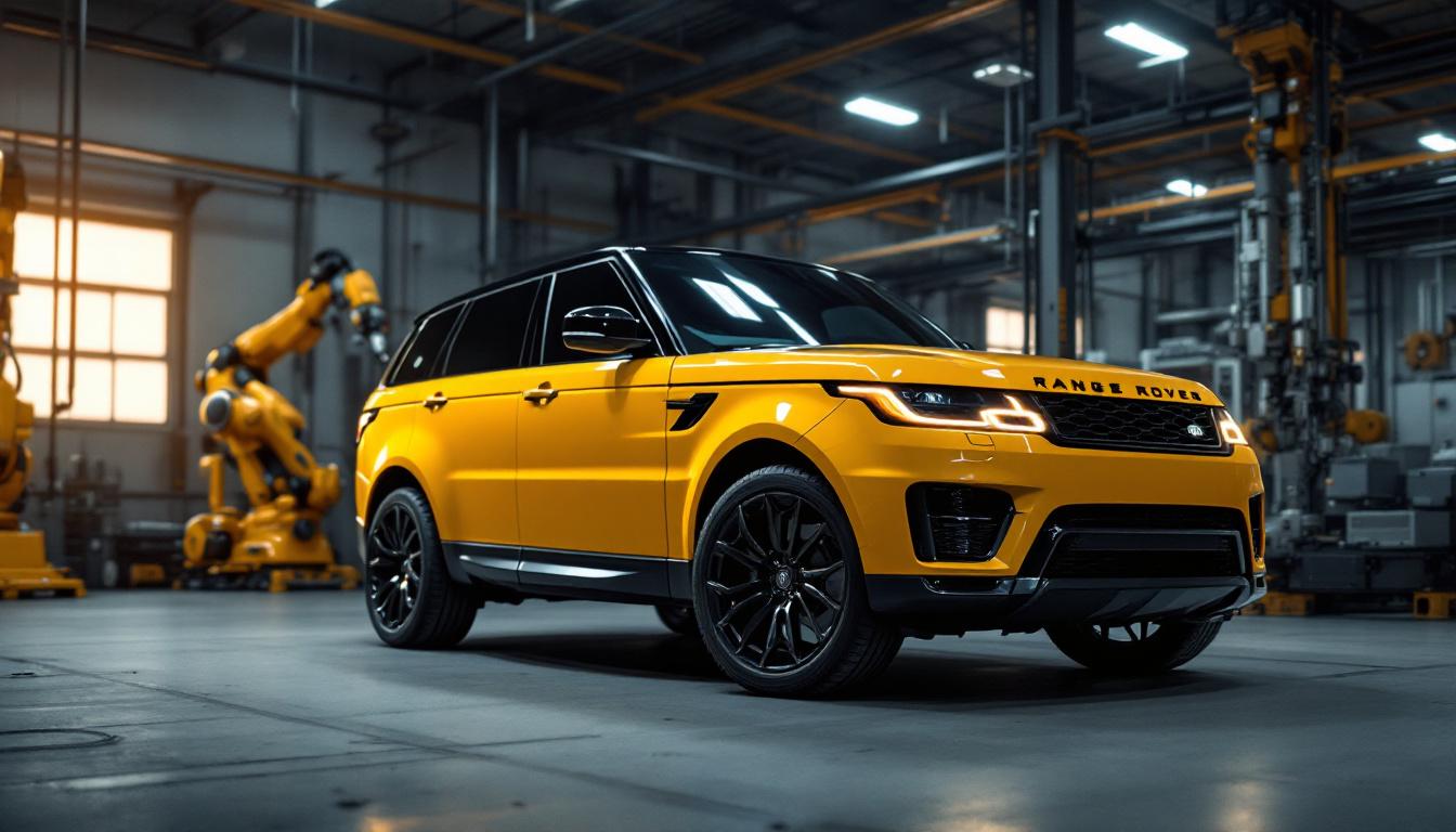 A photograph of a sleek range rover sport parked in an industrial setting