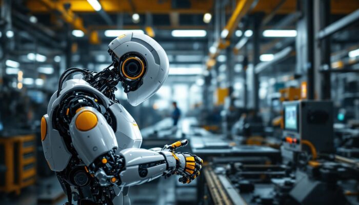 A photograph of a modern industrial robot in action within a manufacturing environment