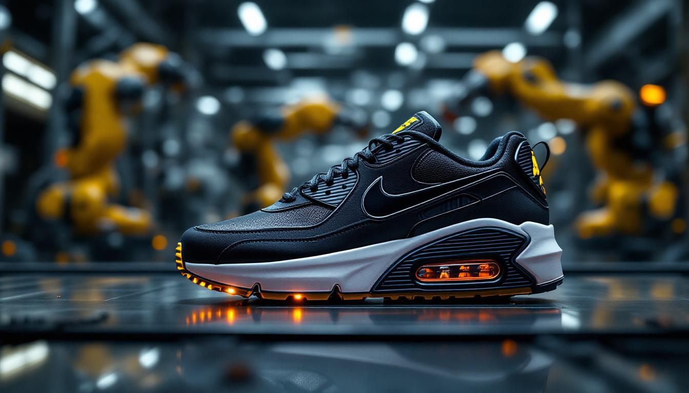 A photograph of a sleek air max 90 platform sneaker positioned on a futuristic industrial workspace