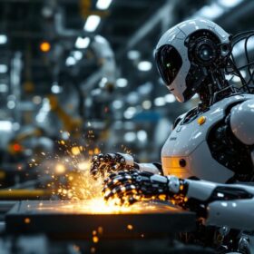 A photograph of a sleek industrial robot in action within a manufacturing environment