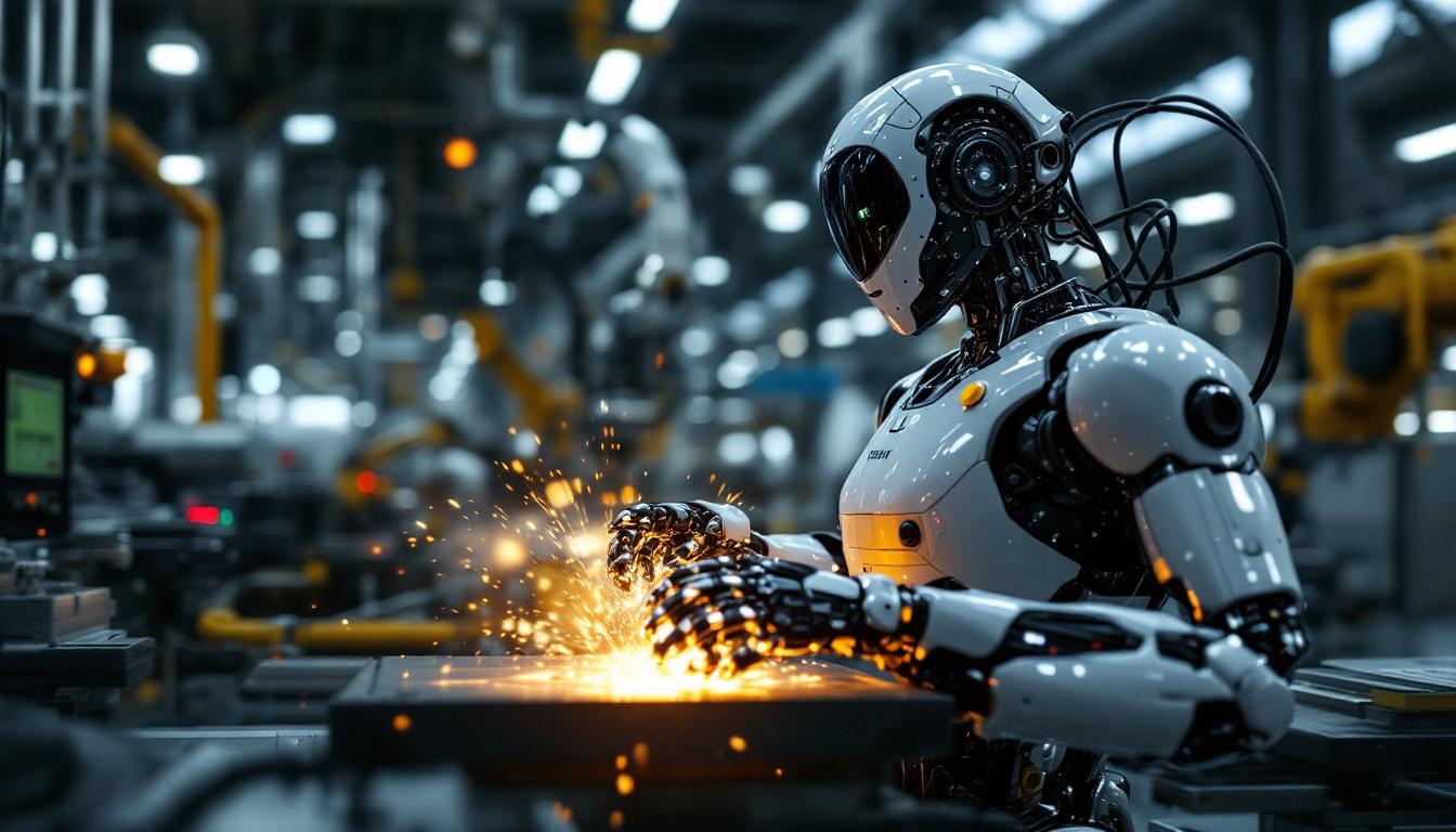 A photograph of a sleek industrial robot in action within a manufacturing environment
