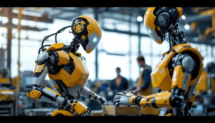 A photograph of a sleek industrial robot in action within a manufacturing environment