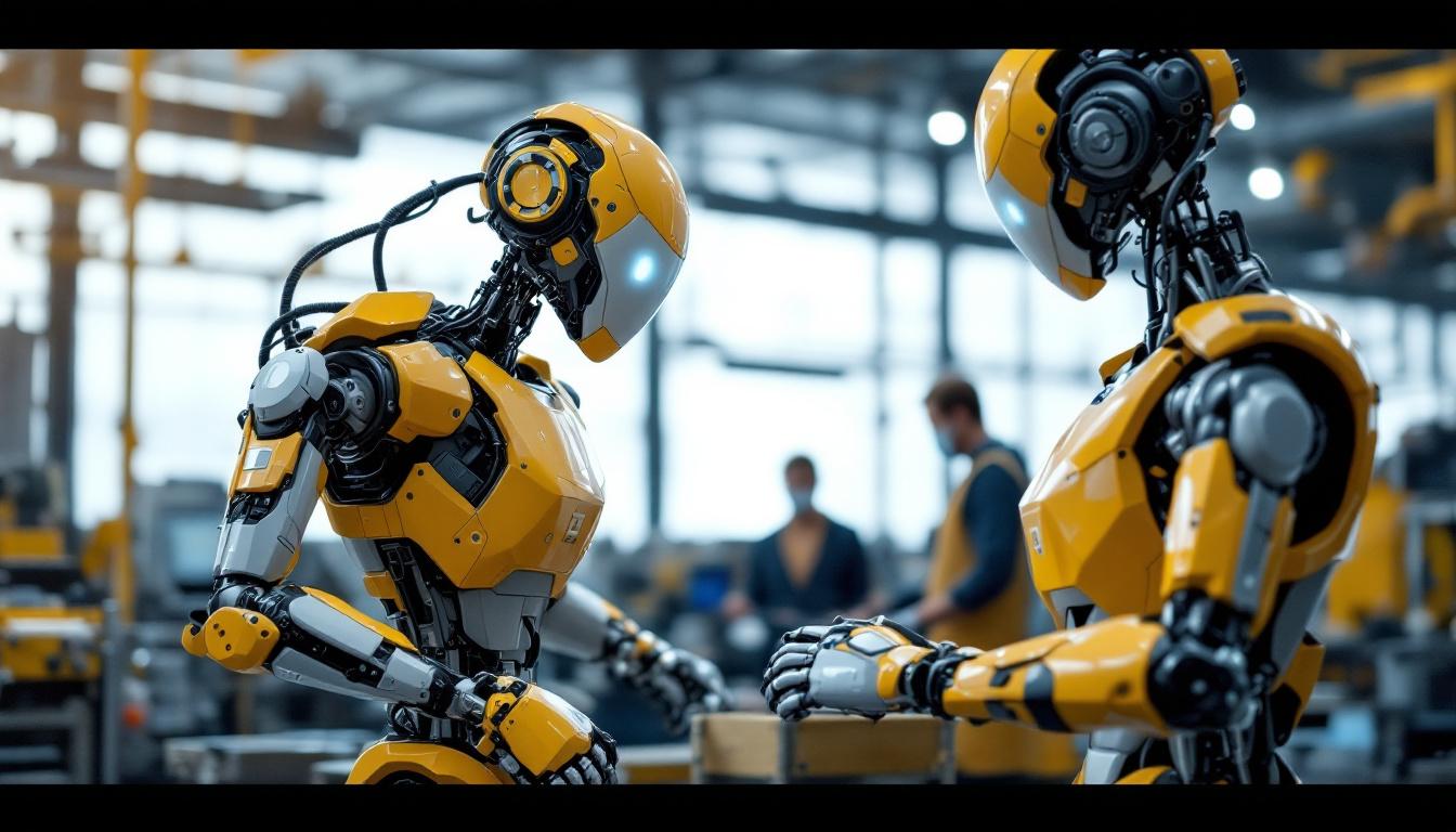 A photograph of a sleek industrial robot in action within a manufacturing environment