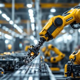 A photograph of capture a photograph of a hyundai industrial robot in action within a modern manufacturing facility