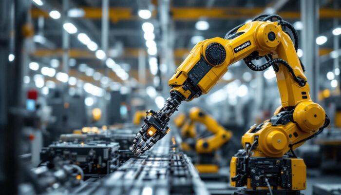 A photograph of capture a photograph of a hyundai industrial robot in action within a modern manufacturing facility