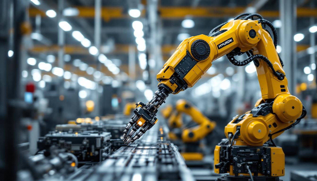 A photograph of capture a photograph of a hyundai industrial robot in action within a modern manufacturing facility