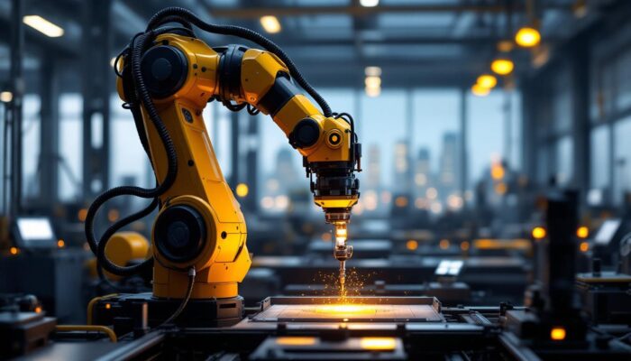 A photograph of a modern industrial robotic arm at work in a manufacturing setting