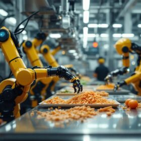 A photograph of a modern industrial kitchen or food processing facility showcasing robotic arms in action