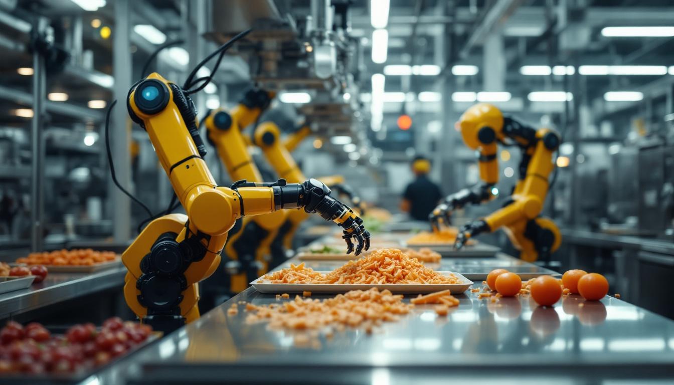 A photograph of a modern industrial kitchen or food processing facility showcasing robotic arms in action