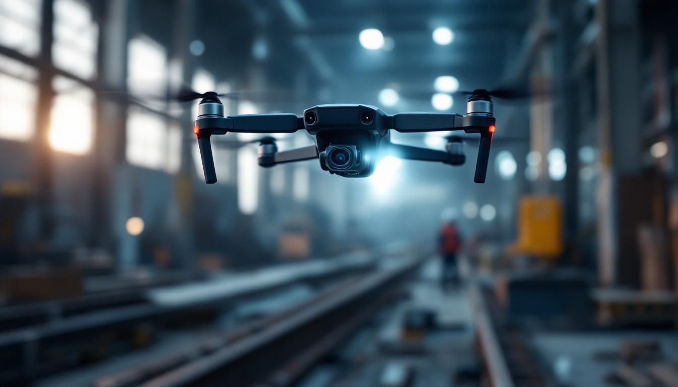 A photograph of a 2.4 ghz drone in action within an industrial setting