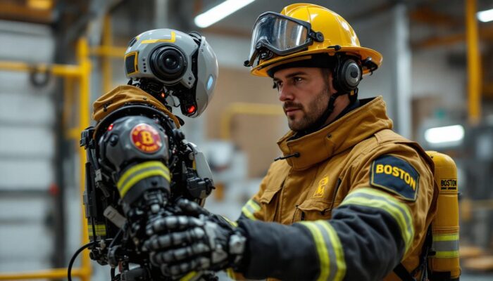 A photograph of a boston fire department team member interacting with an industrial robot in a training or demonstration setting