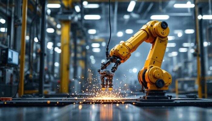A photograph of a dynamic industrial robotic arm in action within a modern manufacturing environment