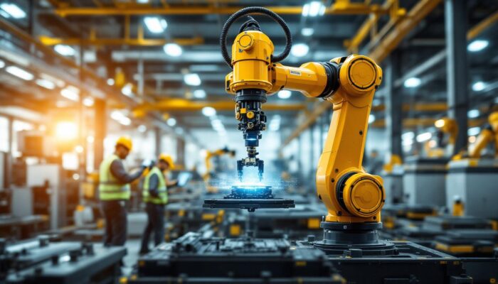 A photograph of a sleek industrial robotic arm in action within a modern manufacturing facility