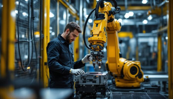 A photograph of a skilled technician operating an industrial robotic arm within a modern manufacturing setting