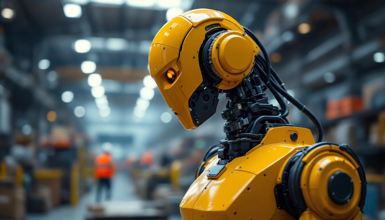 A photograph of capture a photograph of a modern industrial robot in action within a bustling boston warehouse or manufacturing setting