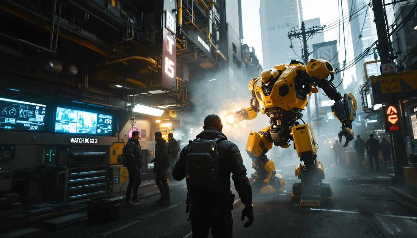 A photograph of a dynamic scene of a player character engaging with industrial robotics in a vibrant urban environment