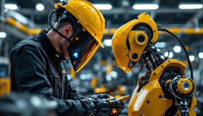A photograph of a skilled engineer working alongside a sophisticated industrial robot in a modern manufacturing environment