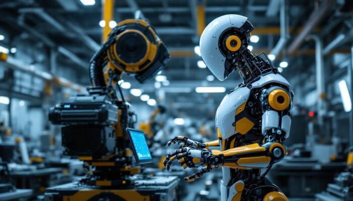 A photograph of a sleek industrial robot in action within a modern manufacturing facility