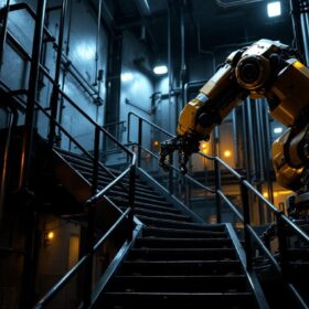 A photograph of a dramatic industrial setting featuring a robotic arm navigating a staircase