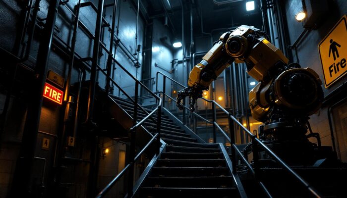 A photograph of a dramatic industrial setting featuring a robotic arm navigating a staircase