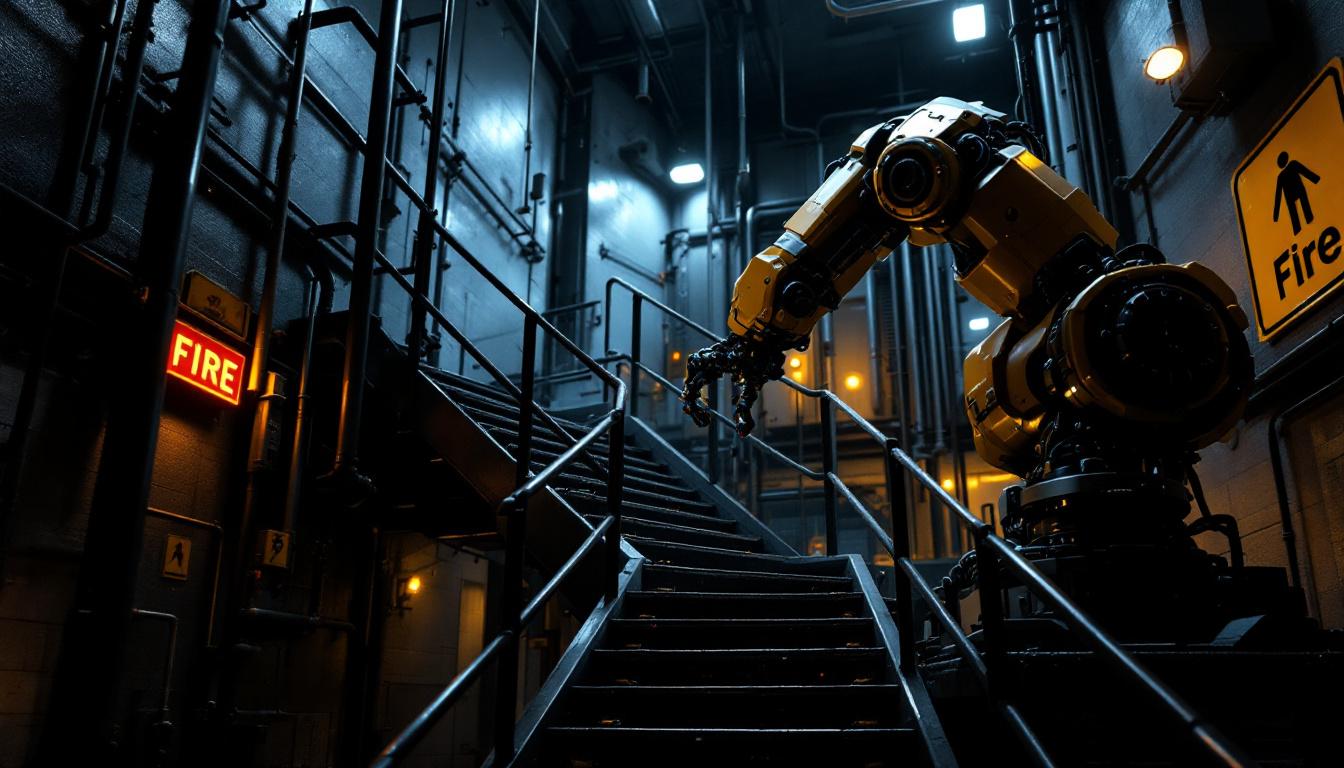 A photograph of a dramatic industrial setting featuring a robotic arm navigating a staircase