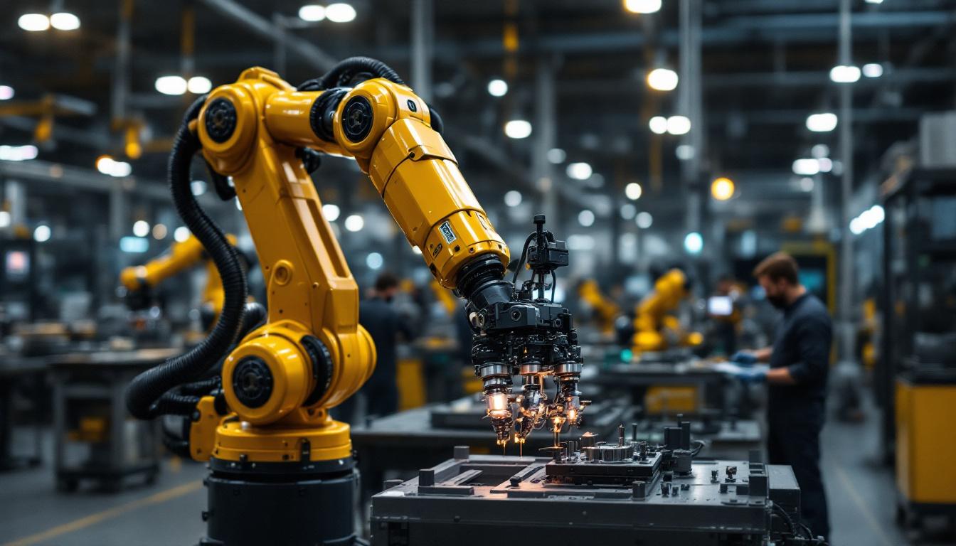 A photograph of a dynamic industrial workspace featuring a robotic arm in action