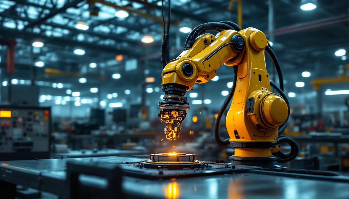 A photograph of a dynamic industrial robotics scene