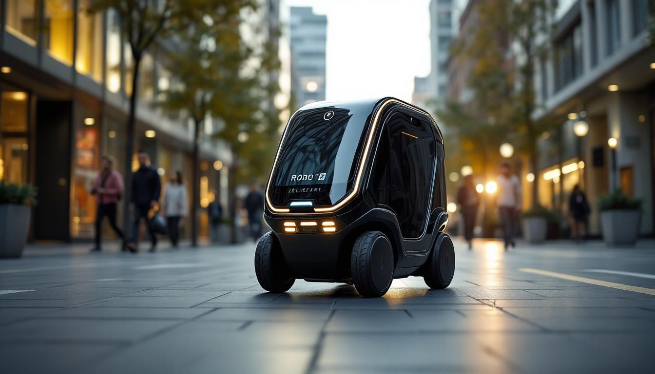 A photograph of a sleek delivery robot navigating through an urban environment