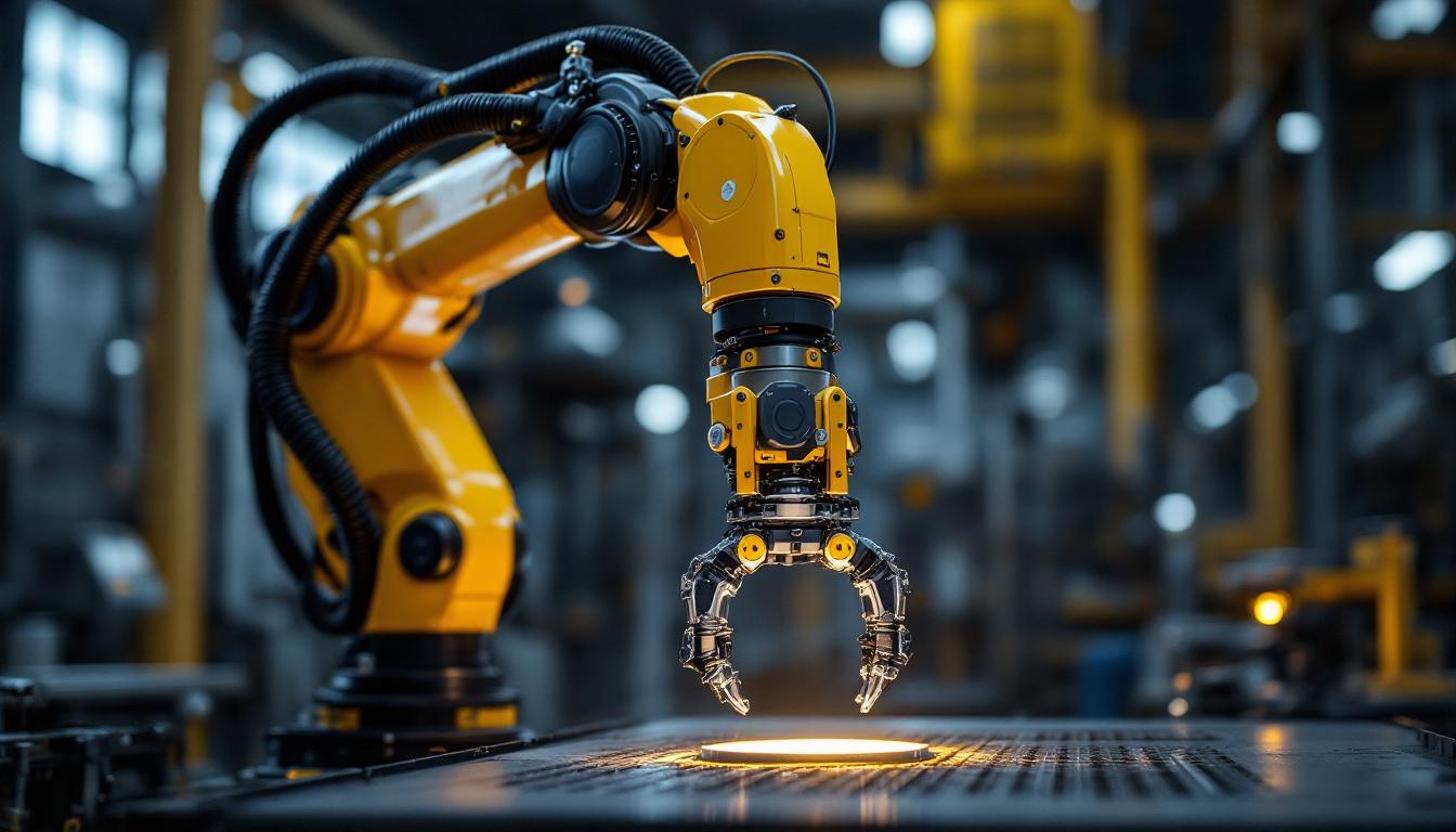 A photograph of a sleek industrial robotic arm equipped with a versatile gripper in action