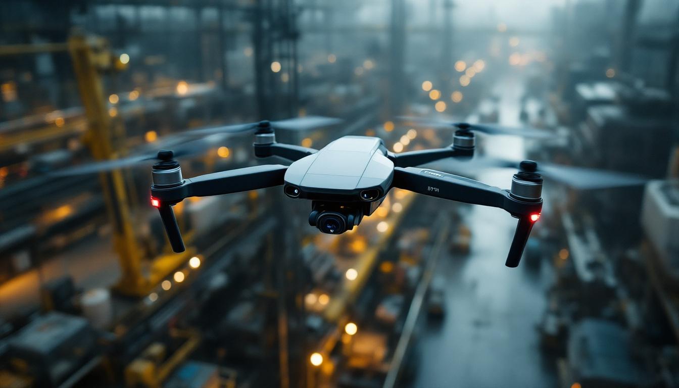A photograph of a sleek drone equipped with advanced monitoring technology flying over an industrial site