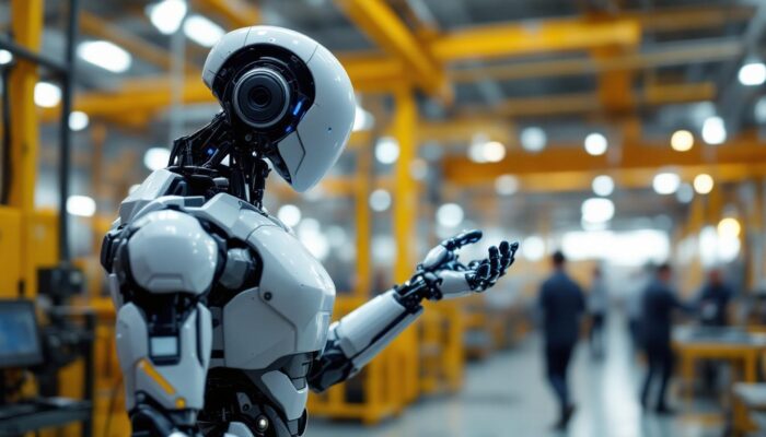A photograph of a sleek industrial robot in action