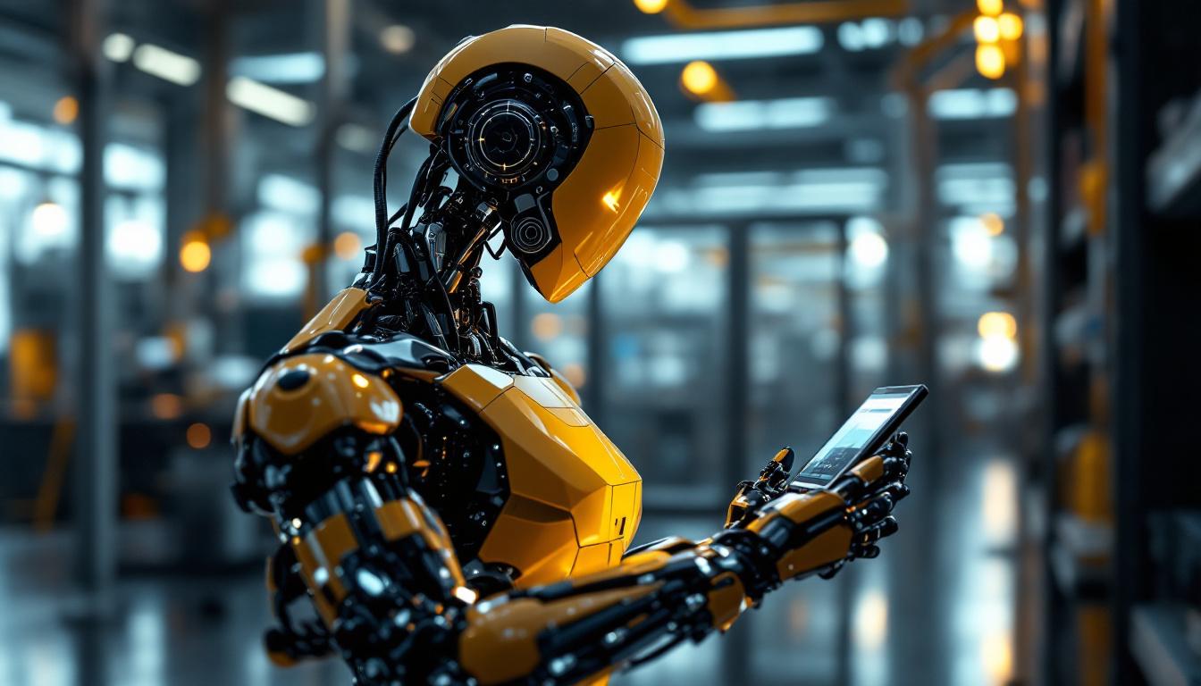 A photograph of a sleek industrial robot in action within a modern research and development facility