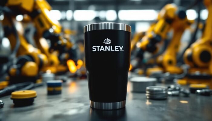 A photograph of capture a photograph of a sleek black 40oz stanley cup placed prominently on a workbench surrounded by industrial robotic components