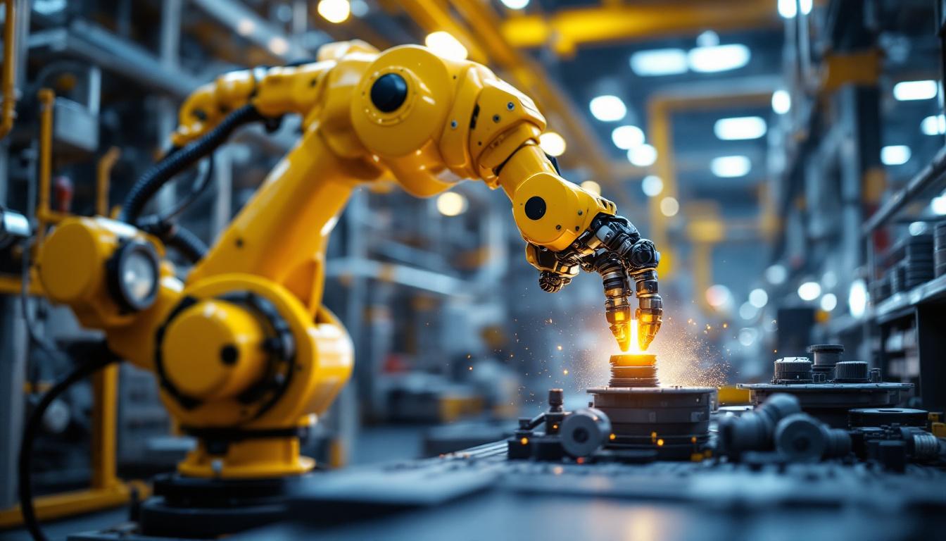 A photograph of a dynamic industrial setting featuring a robotic arm in action