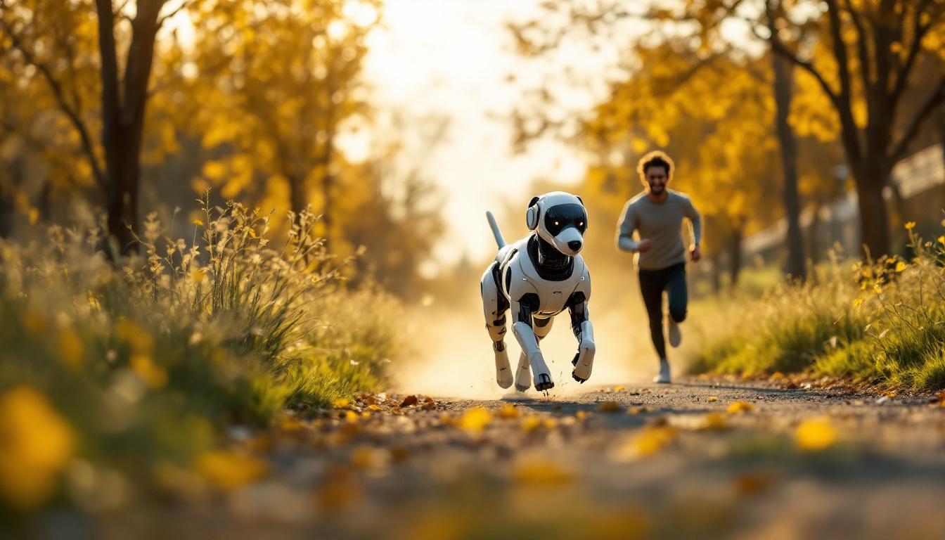 A photograph of a dynamic scene featuring a robotic dog running alongside a human in an outdoor setting
