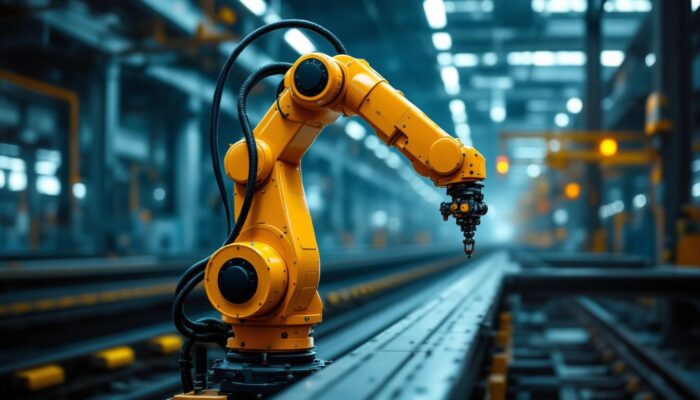 A photograph of a dynamic industrial robotic arm in action