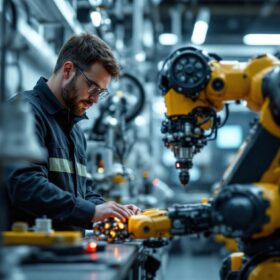 A photograph of a skilled biomedical field service engineer working on an industrial robotic system in a high-tech laboratory setting