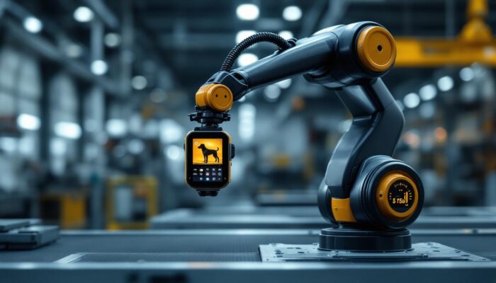 A photograph of a sleek industrial robotic arm equipped with a dog tracking device