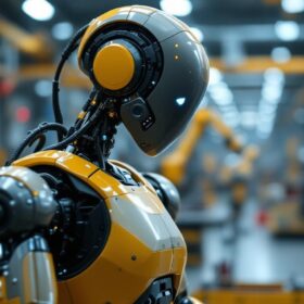 A photograph of a sleek industrial robot in action