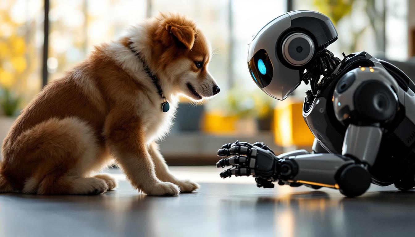 A photograph of a playful dog interacting with a sleek industrial robot in a bright