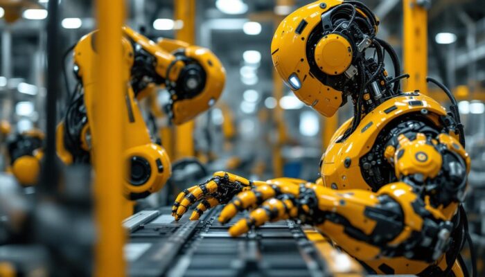 A photograph of a high-tech industrial robot in action